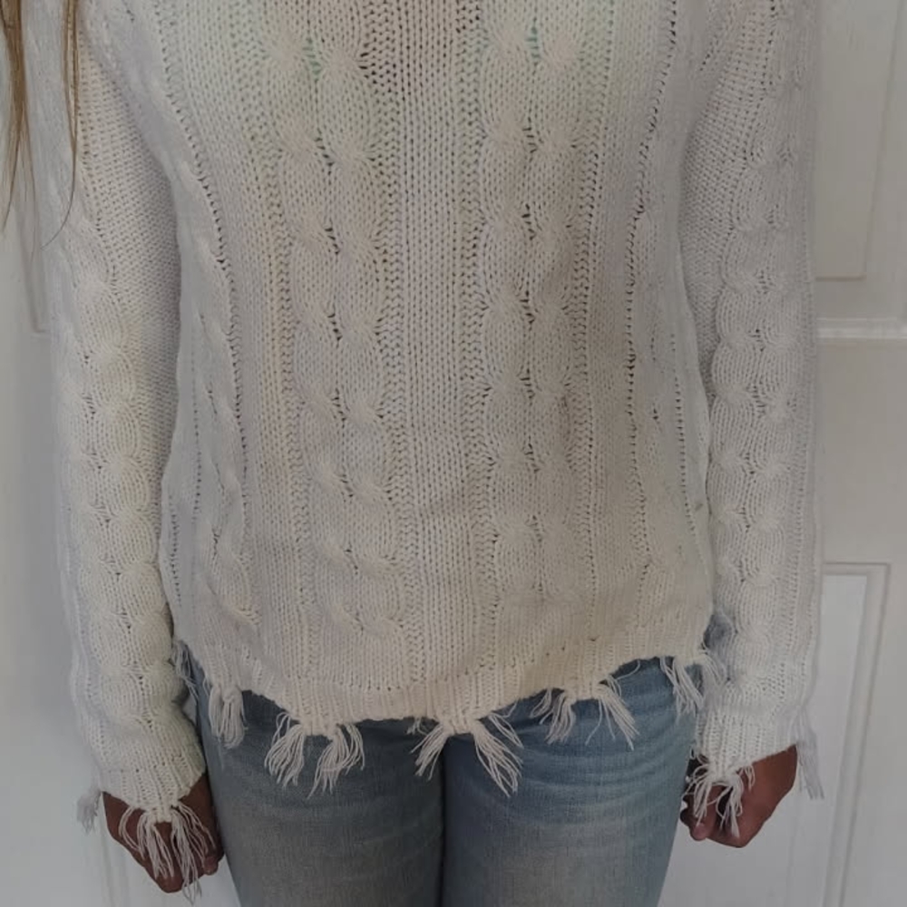 Poof! White Cable Knit Sweater with Frayed Hem